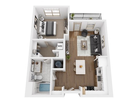 Floor plan for 1 bed, 1 bath, 675 sqft